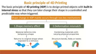 Shape change in 4DP mainly occurs through two key mechanisms
1.Shape memory effect 2.Deformation mismatch
The basic principle of 4D printing (4DP) is to design printed objects with built-in
internal stress so that they can later change their shape in a controlled and
predictable way when triggered.
Basic principle of 4D Printing
 