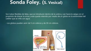 Sonda Foley. (S. Vesical)
Son tubos flexibles de látex, que se introducen dentro de la uretra y van hacia la vejiga con el
propósito de drenar la orina y este queda retenido por medio de un globo en la extremidad del
catéter que se infla con agua.
- Los globos pueden venir de 5 cm cúbicos y de 30 cm cúbicos.
 