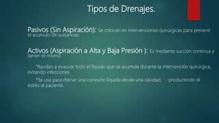 Tipos de Drenajes.
Pasivos (Sin Aspiración): Se colocan en intervenciones quirúrgicas para prevenir
el acumulo de sustancias.
Activos (Aspiración a Alta y Baja Presión ): Es mediante succión continua y
tienen el mismo.
*Ayudan a evacuar todo el líquido que se acumula durante la intervención quirúrgica,
evitando infecciones.
*Se usa para drenar una conexión líquida desde una cavidad, produciendo el
estrés al paciente.
 