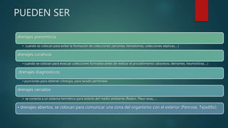 drenajes preventivos
• cuando se colocan para evitar la formación de colecciones (seromas, hematomas, colecciones sépticas,…)
drenajes curativos
• cuando se colocan para evacuar colecciones formadas antes de realizar el procedimiento (abscesos, derrames, neumotórax,…)
drenajes diagnósticos:
• punciones para obtener citología, para lavado peritoneal
drenajes cerrados
• se conecta a un sistema hermético para aislarlo del medio ambiente (Redon, Pleur-evac,…
• drenajes abiertos, se colocan para comunicar una zona del organismo con el exterior (Penrose, Tejadillo).
PUEDEN SER
 