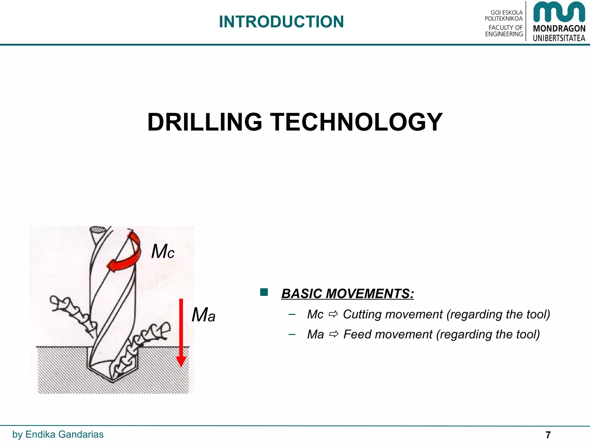 7
DRILLING TECHNOLOGY
INTRODUCTION
 BASIC MOVEMENTS:
– Mc  Cutting movement (regarding the tool)
– Ma  Feed movement (regarding the tool)
Ma
Mc
by Endika Gandarias
 