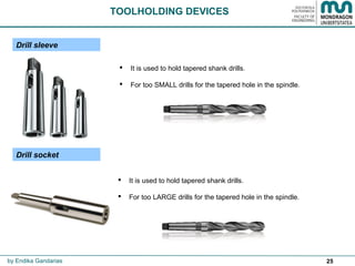 25
Drill sleeve
TOOLHOLDING DEVICES
by Endika Gandarias
 It is used to hold tapered shank drills.
 For too SMALL drills for the tapered hole in the spindle.
Drill socket
 It is used to hold tapered shank drills.
 For too LARGE drills for the tapered hole in the spindle.
 