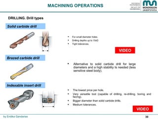 30
 The lowest price per hole.
 Very versatile tool (capable of drilling, re-drilling, boring and
facing).
 Bigger diameter than solid carbide drills.
 Medium tolerances.
MACHINING OPERATIONS
by Endika Gandarias
DRILLING. Drill types
Indexable insert drill
Solid carbide drill
Brazed carbide drill
 For small diameter holes.
 Drilling depths up to 15xD
 Tight tolerances.
 Alternative to solid carbide drill for large
diameters and a high stability Is needed (less
sensitive steel body).
VIDEO
VIDEO
 
