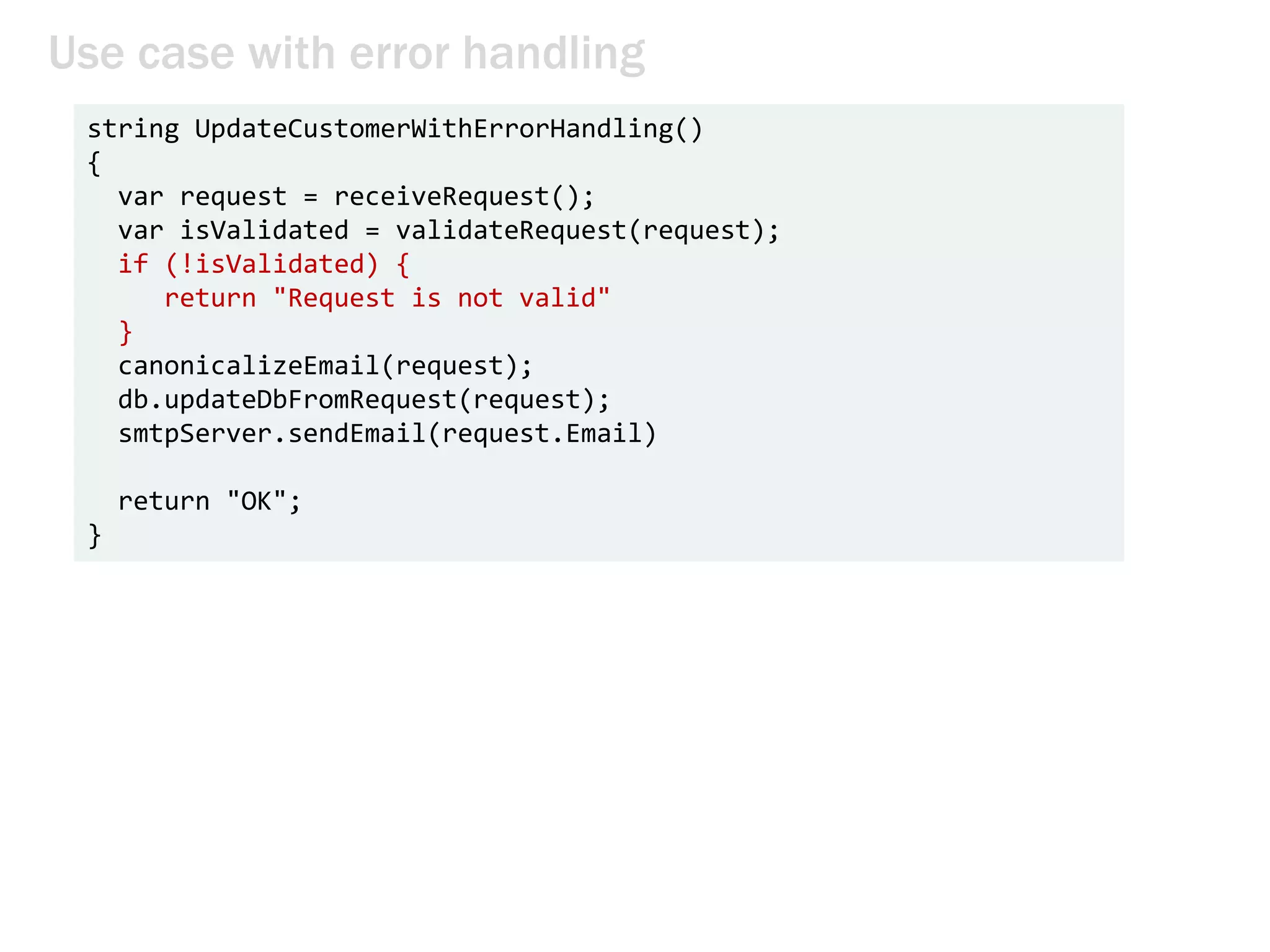 Use case with error handling
string UpdateCustomerWithErrorHandling()
{
var request = receiveRequest();
var isValidated = validateRequest(request);
if (!isValidated) {
return "Request is not valid"
}
canonicalizeEmail(request);
db.updateDbFromRequest(request);
smtpServer.sendEmail(request.Email)
return "OK";
}
 