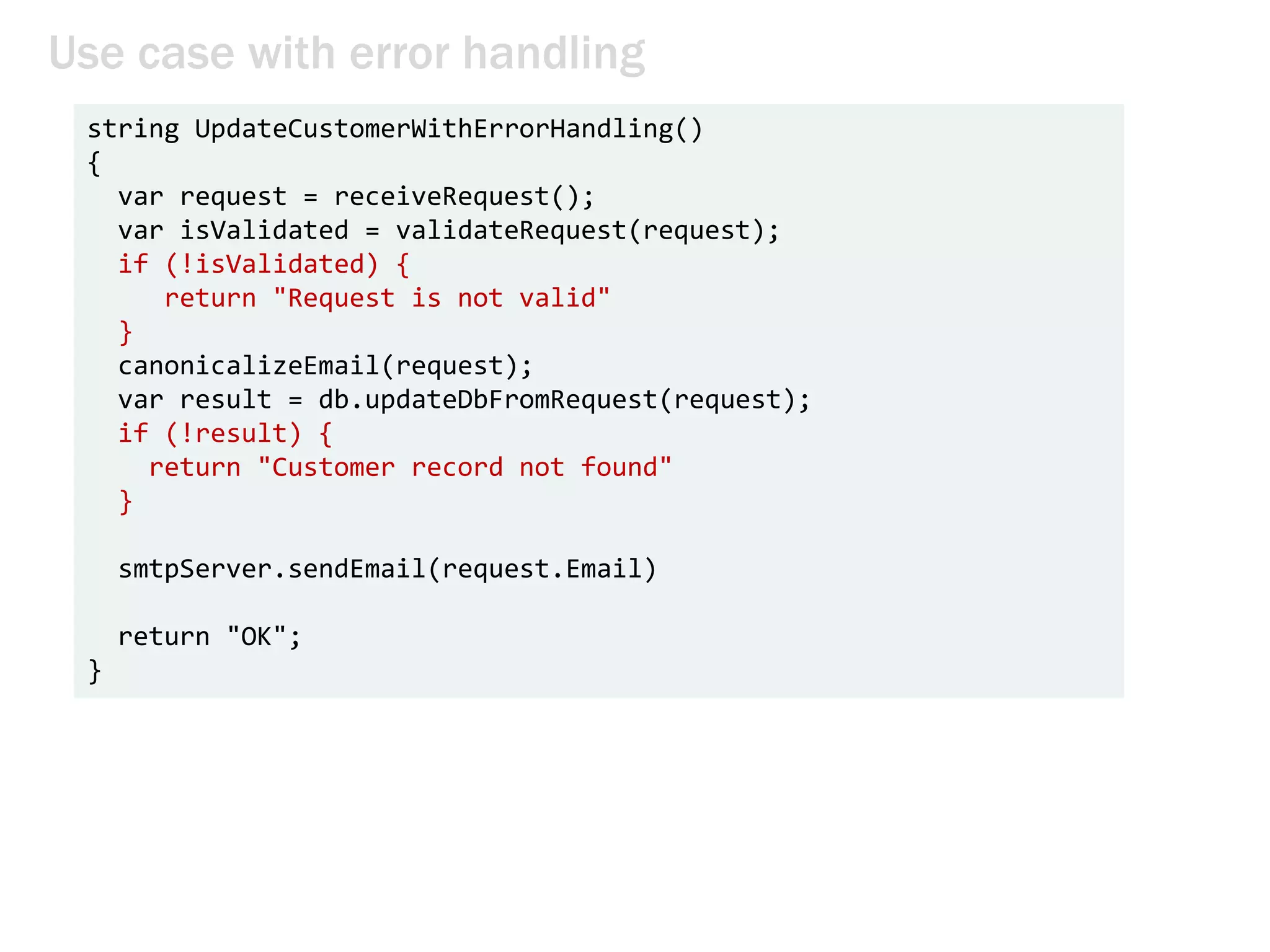 Use case with error handling
string UpdateCustomerWithErrorHandling()
{
var request = receiveRequest();
var isValidated = validateRequest(request);
if (!isValidated) {
return "Request is not valid"
}
canonicalizeEmail(request);
var result = db.updateDbFromRequest(request);
if (!result) {
return "Customer record not found"
}
smtpServer.sendEmail(request.Email)
return "OK";
}
 