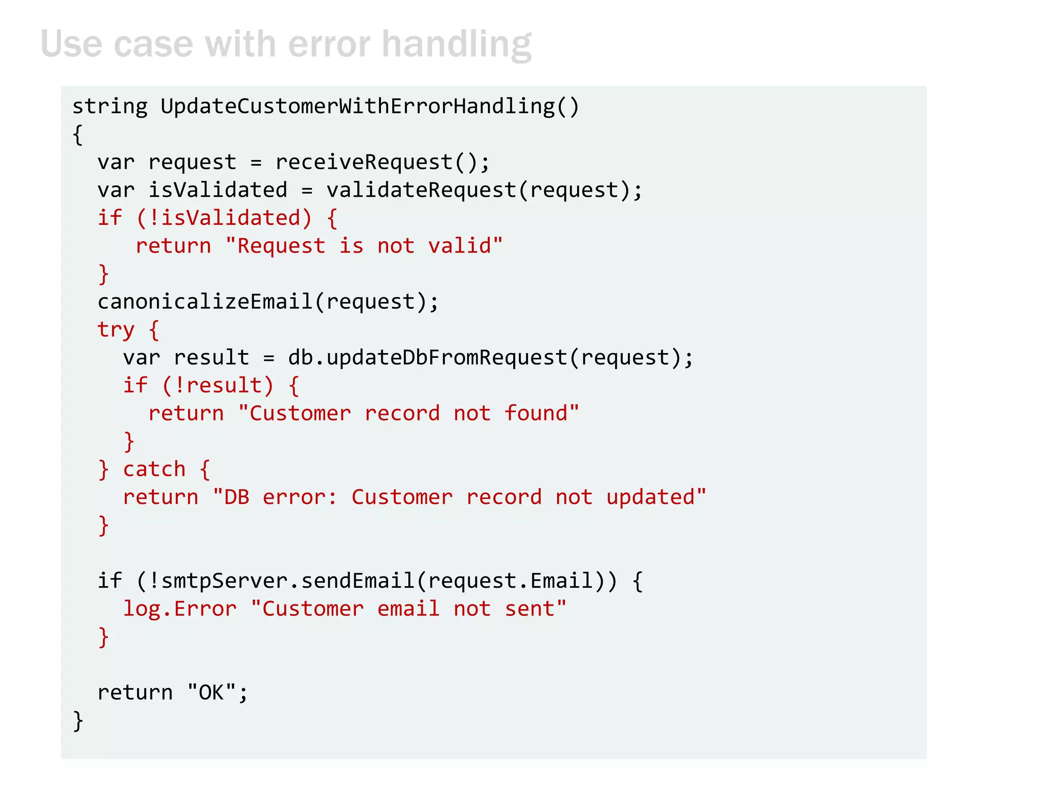 Use case with error handling
string UpdateCustomerWithErrorHandling()
{
var request = receiveRequest();
var isValidated = validateRequest(request);
if (!isValidated) {
return "Request is not valid"
}
canonicalizeEmail(request);
try {
var result = db.updateDbFromRequest(request);
if (!result) {
return "Customer record not found"
}
} catch {
return "DB error: Customer record not updated"
}
if (!smtpServer.sendEmail(request.Email)) {
log.Error "Customer email not sent"
}
return "OK";
}
 