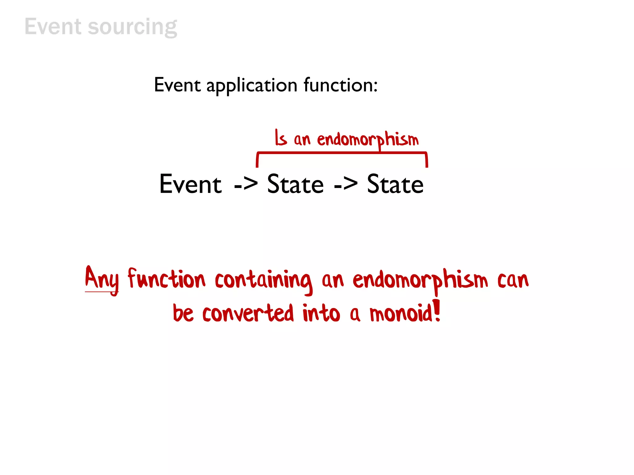 Event sourcing
Any function containing an endomorphism can
be converted into a monoid!
Event application function:
Is an endomorphism
Event -> State -> State
 