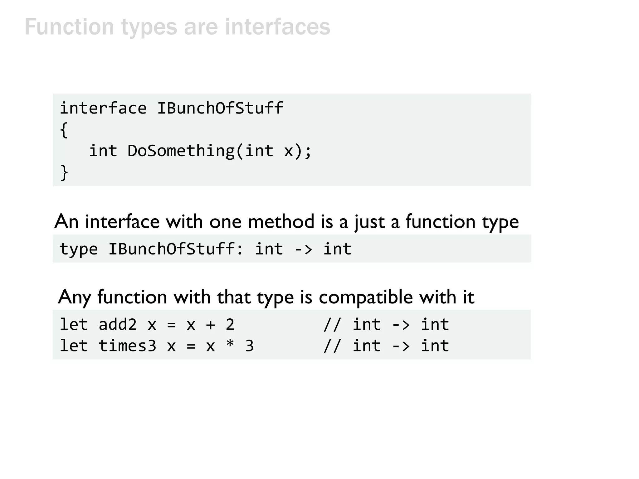 Function types are interfaces
interface IBunchOfStuff
{
int DoSomething(int x);
}
An interface with one method is a just a function type
type IBunchOfStuff: int -> int
Any function with that type is compatible with it
let add2 x = x + 2 // int -> int
let times3 x = x * 3 // int -> int
 