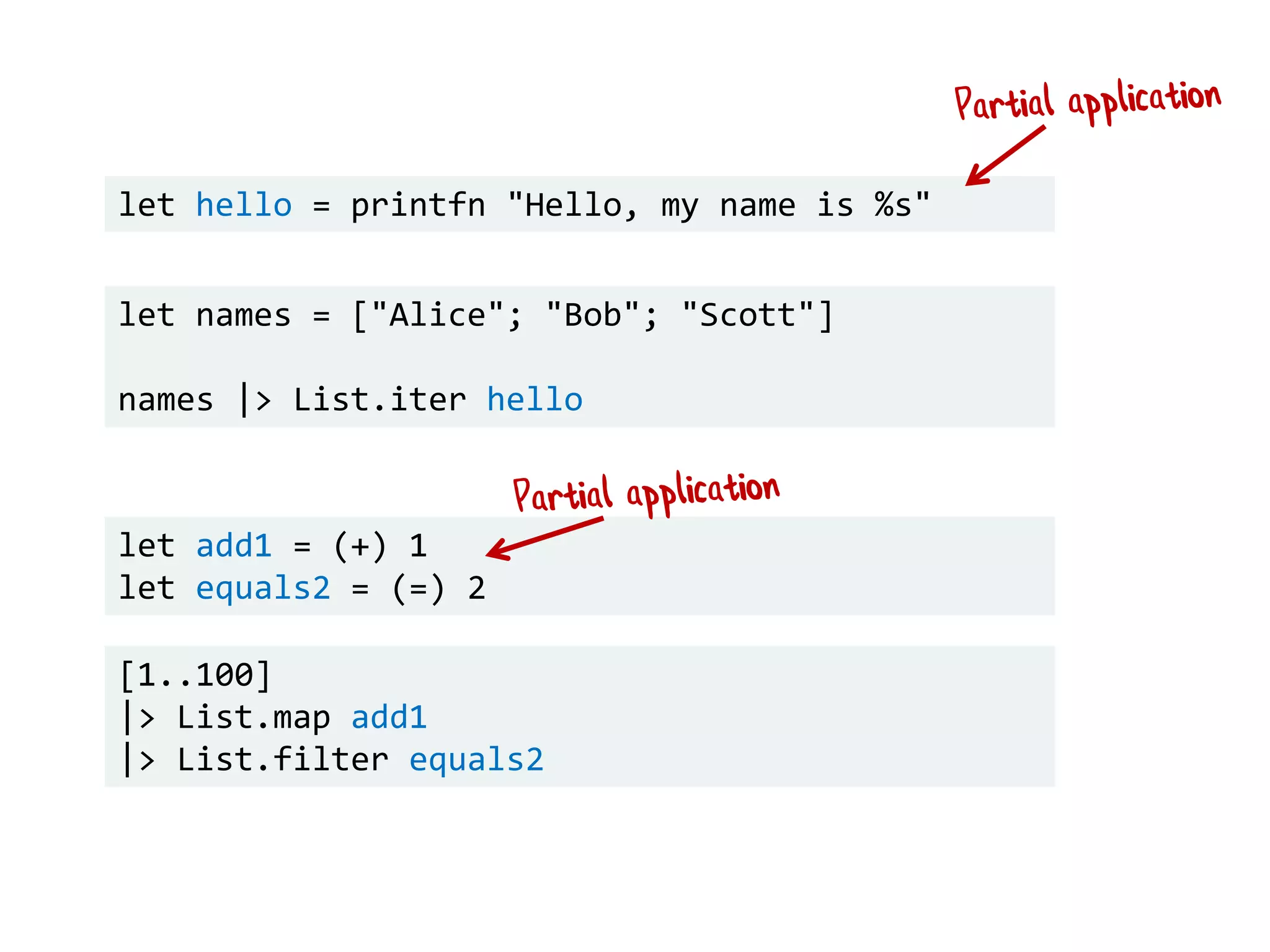 let names = ["Alice"; "Bob"; "Scott"]
names |> List.iter hello
let hello = printfn "Hello, my name is %s"
let add1 = (+) 1
let equals2 = (=) 2
[1..100]
|> List.map add1
|> List.filter equals2
 