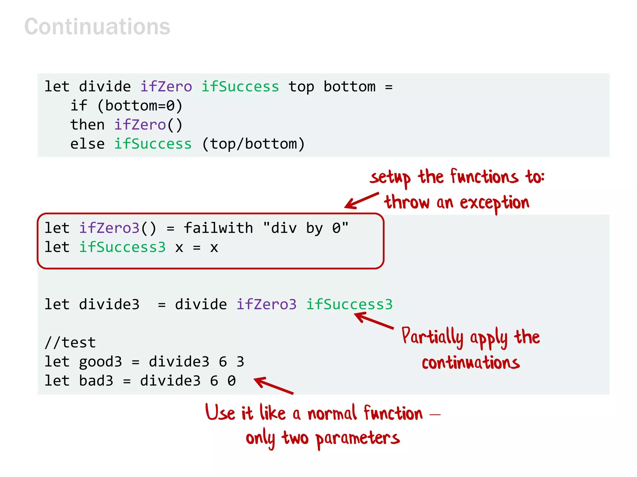 let divide ifZero ifSuccess top bottom =
if (bottom=0)
then ifZero()
else ifSuccess (top/bottom)
Continuations
let ifZero3() = failwith "div by 0"
let ifSuccess3 x = x
let divide3 = divide ifZero3 ifSuccess3
//test
let good3 = divide3 6 3
let bad3 = divide3 6 0
setup the functions to:
throw an exception
Use it like a normal function –
only two parameters
Partially apply the
continuations
 