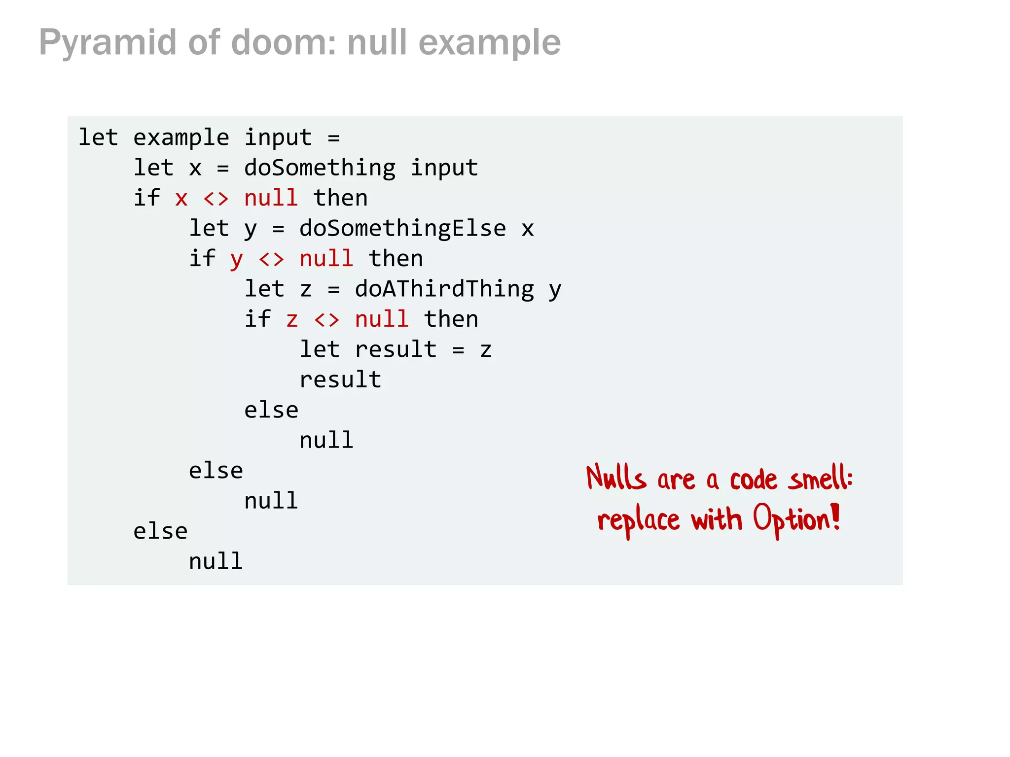 Pyramid of doom: null example
let example input =
let x = doSomething input
if x <> null then
let y = doSomethingElse x
if y <> null then
let z = doAThirdThing y
if z <> null then
let result = z
result
else
null
else
null
else
null
Nulls are a code smell:
replace with Option!
 