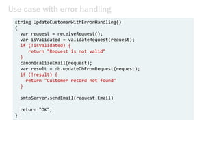Use case with error handling
string UpdateCustomerWithErrorHandling()
{
var request = receiveRequest();
var isValidated = ...