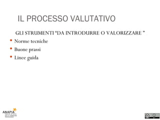 IL PROCESSO VALUTATIVO GLI STRUMENTI “DA INTRODURRE O VALORIZZARE ” Norme tecniche Buone prassi Linee guida 