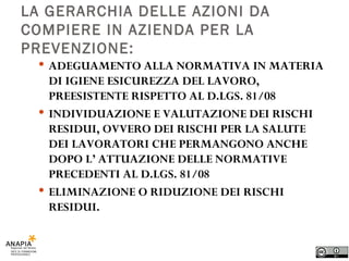 LA GERARCHIA DELLE AZIONI DA COMPIERE IN AZIENDA PER LA PREVENZIONE: ADEGUAMENTO ALLA NORMATIVA IN MATERIA DI IGIENE ESICUREZZA DEL LAVORO, PREESISTENTE RISPETTO AL D.LGS. 81/08 INDIVIDUAZIONE E VALUTAZIONE DEI RISCHI RESIDUI, OVVERO DEI RISCHI PER LA SALUTE DEI LAVORATORI CHE PERMANGONO ANCHE DOPO L’ ATTUAZIONE DELLE NORMATIVE PRECEDENTI AL D.LGS. 81/08 ELIMINAZIONE O RIDUZIONE DEI RISCHI RESIDUI. 