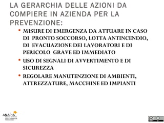 LA GERARCHIA DELLE AZIONI DA COMPIERE IN AZIENDA PER LA PREVENZIONE: MISURE DI EMERGENZA DA ATTUARE IN CASO DI  PRONTO SOCCORSO, LOTTA ANTINCENDIO, DI  EVACUAZIONE DEI LAVORATORI E DI PERICOLO  GRAVE ED IMMEDIATO USO DI SEGNALI DI AVVERTIMENTO E DI SICUREZZA REGOLARE MANUTENZIONE DI AMBIENTI, ATTREZZATURE, MACCHINE ED IMPIANTI 