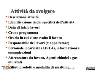 Attività da svolgere Descrizione attività Identificazione rischi specifici dell’attività Data di inizio lavori Crono programma Orario in cui viene svolto il lavoro Responsabile dei lavori (x appaltatore) Personale incaricato (LISTA), informazioni e comunicazioni Attrezzature da lavoro, Agenti chimici e gas utilizzati Rifiuti prodotti e modalità di smaltime nto 
