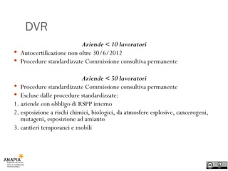 DVR Aziende < 10 lavoratori Autocertificazione non oltre 30/6/2012 Procedure standardizzate Commissione consultiva permanente Aziende < 50 lavoratori Procedure standardizzate Commissione consultiva permanente Escluse dalle procedure standardizzate: 1. aziende con obbligo di RSPP interno 2. esposizione a rischi chimici, biologici, da atmosfere esplosive, cancerogeni, mutageni, esposizione ad amianto 3. cantieri temporanei e mobili 