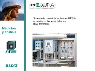 Medición y análisis 
Sistema de control de emisiones BTX de acuerdo con las leyes italianas 
Dlgs 152/2006  