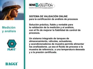 SISTEMA DE VALIDACIÓN ONLINE para la certificación de análisis de procesos Solución práctica, fiable y rentable para la validación de la medición y el análisis, con el fin de mejorar la fiabilidad de control de procesos. Un sistema integrado de tanques de almacenamiento, válvulas, actuadores, y acondicionadores de muestra permite alimentar los analizadores, ya sea el fluido de proceso o la muestra de referencia, a una temperatura deseada y a la presión certificada. 
Medición 
y análisis  