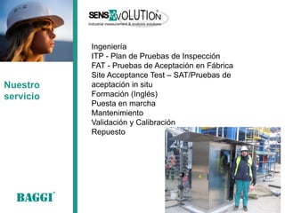 Ingeniería 
ITP - Plan de Pruebas de Inspección 
FAT - Pruebas de Aceptación en Fábrica 
Site Acceptance Test – SAT/Pruebas de aceptación in situ 
Formación (Inglés) 
Puesta en marcha 
Mantenimiento 
Validación y Calibración 
Repuesto 
Nuestro servicio  