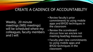 CREATE A CADENCE OF ACCOUNTABILITY
Weekly, 20 minute
meetings (WIG meetings)
will be scheduled where my
colleagues, faculty members
and I will:
• Review faculty's prior
commitments to using mobile
apps and BYOD techniques in
the classroom
• Review the scoreboard -
discuss how we are/are not
meeting lead/lag measures
• Faculty plan new commitments
to using mobile apps and
BYOD techniques in the
classroom
 