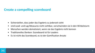 Create a compelling scoreboard
41
• Sicherstellen, dass jeder das Ergebnis zu jederzeit sieht
• sind Lead- und Lag-Measure...