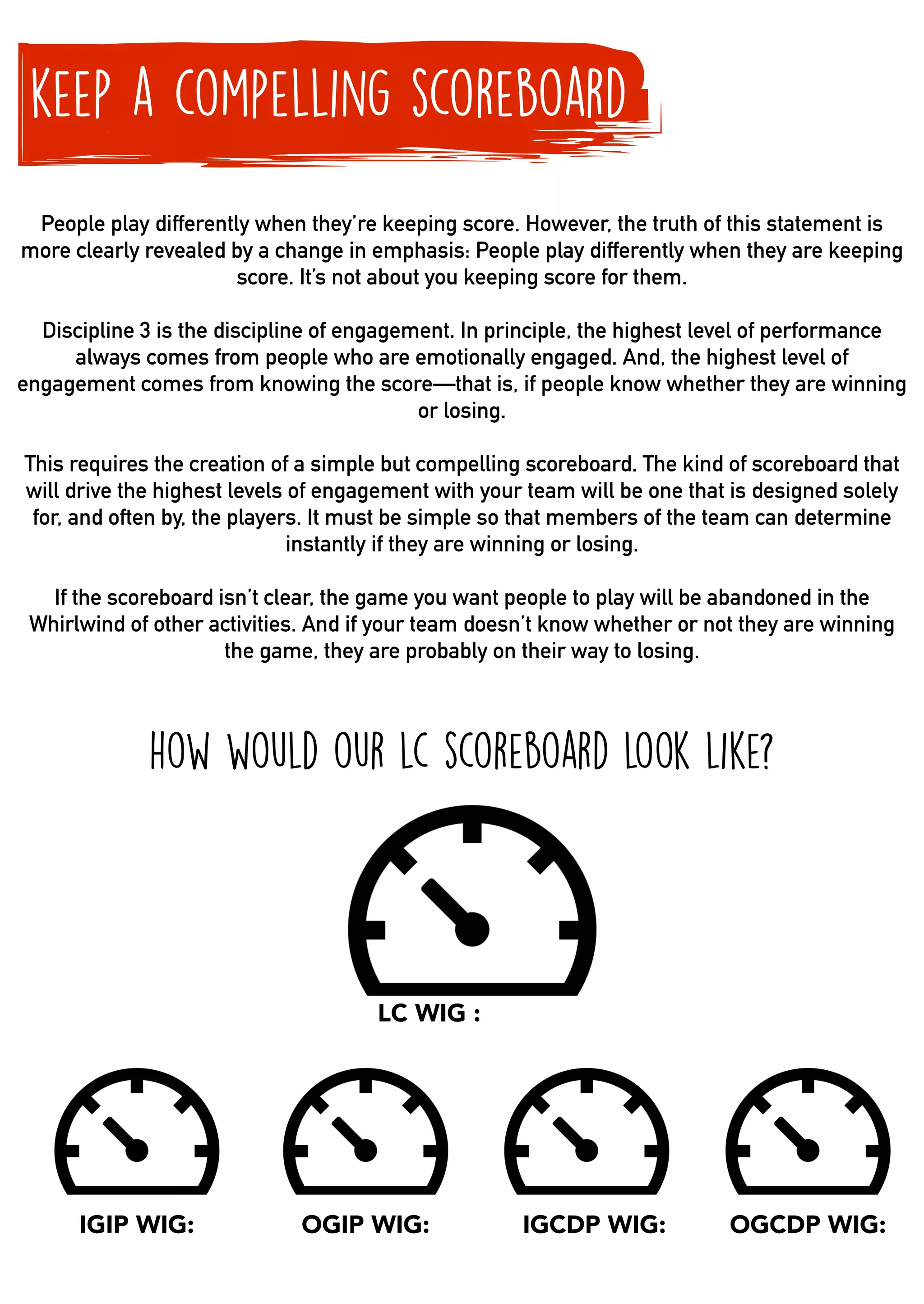 keep a compelling scoreboard
People play differently when they’re keeping score. However, the truth of this statement is
more clearly revealed by a change in emphasis: People play differently when they are keeping
score. It’s not about you keeping score for them.
Discipline 3 is the discipline of engagement. In principle, the highest level of performance
always comes from people who are emotionally engaged. And, the highest level of
engagement comes from knowing the score—that is, if people know whether they are winning
or losing.
This requires the creation of a simple but compelling scoreboard. The kind of scoreboard that
will drive the highest levels of engagement with your team will be one that is designed solely
for, and often by, the players. It must be simple so that members of the team can determine
instantly if they are winning or losing.
If the scoreboard isn’t clear, the game you want people to play will be abandoned in the
Whirlwind of other activities. And if your team doesn’t know whether or not they are winning
the game, they are probably on their way to losing.
how would our lc scoreboard look like?
LC WIG :
IGIP WIG: OGIP WIG: IGCDP WIG: OGCDP WIG:
 