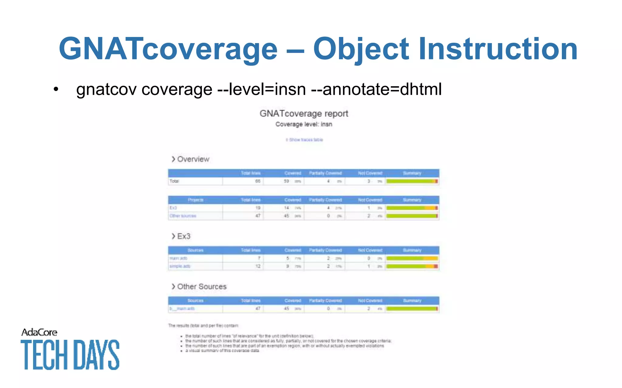 GNATcoverage – Object Instruction
• gnatcov coverage --level=insn --annotate=dhtml
 