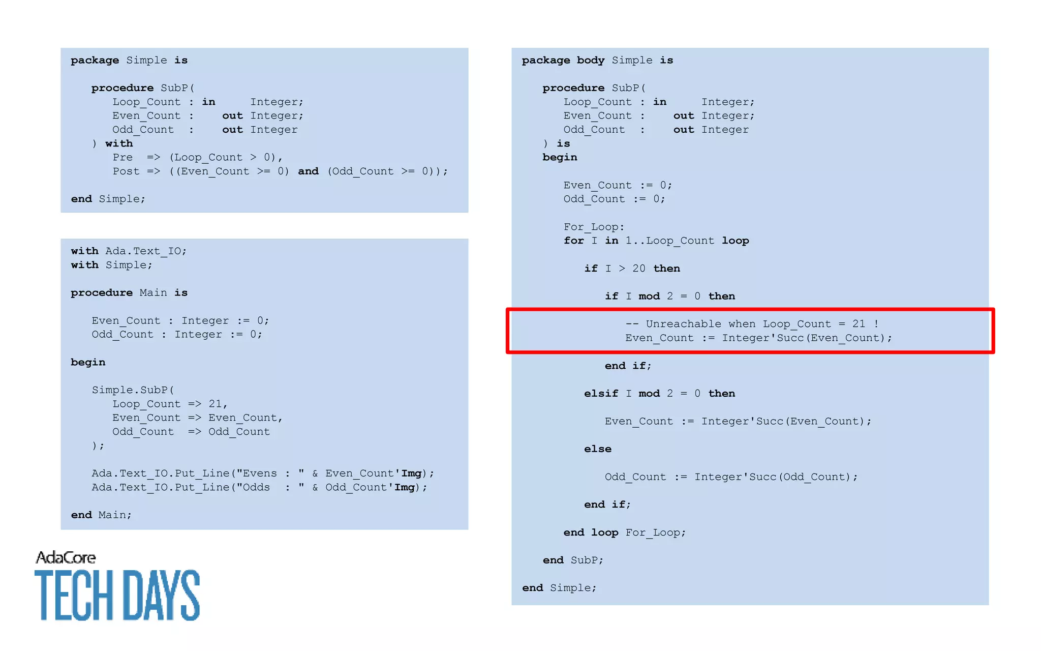 with Ada.Text_IO;
with Simple;
procedure Main is
Even_Count : Integer := 0;
Odd_Count : Integer := 0;
begin
Simple.SubP(
Loop_Count => 21,
Even_Count => Even_Count,
Odd_Count => Odd_Count
);
Ada.Text_IO.Put_Line("Evens : " & Even_Count'Img);
Ada.Text_IO.Put_Line("Odds : " & Odd_Count'Img);
end Main;
package Simple is
procedure SubP(
Loop_Count : in Integer;
Even_Count : out Integer;
Odd_Count : out Integer
) with
Pre => (Loop_Count > 0),
Post => ((Even_Count >= 0) and (Odd_Count >= 0));
end Simple;
package body Simple is
procedure SubP(
Loop_Count : in Integer;
Even_Count : out Integer;
Odd_Count : out Integer
) is
begin
Even_Count := 0;
Odd_Count := 0;
For_Loop:
for I in 1..Loop_Count loop
if I > 20 then
if I mod 2 = 0 then
-- Unreachable when Loop_Count = 21 !
Even_Count := Integer'Succ(Even_Count);
end if;
elsif I mod 2 = 0 then
Even_Count := Integer'Succ(Even_Count);
else
Odd_Count := Integer'Succ(Odd_Count);
end if;
end loop For_Loop;
end SubP;
end Simple;
 