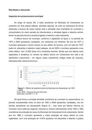 Resultados e discussão


Aspectos da socioeconomia municipal


      Ao longo do século XX, a base econômica do Município de Canavieiras se
sustentou em dois pilares básicos: atividade agrícola, de onde se sobressaía de forma
disparada a lavoura de cacau (sendo esta a atividade mais importante do município e
concentradora da maior parcela da mão-de-obra); e atividade ligada a rebanho animal,
tendo na pecuária bovina e produtos ligados à mesma o mais importante.
      O efetivo bovino do município, conforme o registrado na figura 3, no período de
1974 a 2005 apresentou oscilações, ora crescendo ora retraindo. No ano de 1977 o
município apresenta o menor número no seu efetivo de bovinos, com um total de 7.877
(sete mil, oitocentos e setenta e sete) cabeças. Já em 2005 o município apresenta o seu
maior efetivo, com 12.300 (doze mil e trezentos) bovinos. Sendo que nos últimos anos
registrados a tendência no número de efetivo bovino em Canavieiras tem sido a de
significativo crescimento - em alguns casos substituindo antigas áreas de cacauais,
dizimados pela vassoura-de-bruxa.




          Figura 1 - Efetivo de rebanho bovino do Município de Canavieiras, de 1974
          a 2005
         Fonte: IBGE - Pesquisa Pecuária Municipal.
         Elaboração: AGUIAR, P. C. B.


      De igual forma a principal atividade econômica do município (a cacauicultura), no
período compreendido entre os anos de 1940 a 2008 apresentou oscilações, ora em
sentido ascendente ora decrescente (Figura 4) – isso tanto por fatores internos ao
município como externos (regional, nacional ou mesmo internacional). Entre 1940 a 1960
a tendência da produção de cacau do Município de Canavieiras foi de crescimento. Sendo
que em 1960 o município apresenta a maior produção de cacau dentre os anos
registrados, com uma produção de 14.874 (quatorze mil oitocentos e setenta e quatro)
 