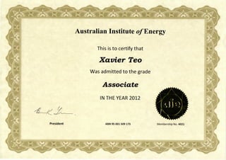 Australian Institute of Energy Member Certificate