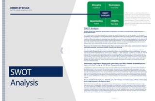 SWOT
Analysis
P A G E 7
DOMERS BY DESIGN
NOTRE DAME BASEBALL 2015
A SWOT analysis is a planning method that is
structured to identify and evaluate the strengths,
weaknesses, opportunities, and threats involved
in a project or business venture. Focusing on the
internal factors, the goal is to capitalize on the ND
baseball program’s current strengths and over-
come any weaknesses that it has. Externally, the
objective is to exploit opportunities and neutralize
threats to the program.
SWOT Analysis
Strengths: Quality team, Athletically minded students, Strong history and tradition, ND brand/fan base, Cheap ticket prices, &
Strong Online Presence
As a Division I team, Notre Dame baseball has a competitive, athletic environment that we can capitalize on. With quality
competition, fans can engage in exciting baseball games. Notre Dame students are actively involved in athletics, which means
the knowledge and enthusiasm surrounding sports and competition are easy to find. In addition, we can use the Notre Dame
brand and national fan base to our advantage. Notre Dame fans are some of the most loyal collegiate fans in the country. This
strong fan commitment is not limited to football; with the right marketing, we can attract those Notre Dame diehards to the
Eck. Finally, the Notre Dame baseball Facebook, Twitter, and onlin pesence on UND.com produces quality, relevant content.
Updated daily, these outlets provide the public with recent news surrounding the team.
Weaknesses: No student section, Weekday games, Many consecutive games, Lack of easy website movement, Expensive
and limited concession, Inconsistent schedule, & Weak online following
After attending a game at the Eck, it is obvious that a major weakness for the program is a lack of attendance. With not
enough students to make a student section, and sparse non-student fans, the environment lacks a loyal fanbase. The lack of
attendance is further highlighted during weekday games. Whether it is work, homework, or meetings, it is harder for students
and members of the South Bend community to attend non-weekend games. In addition, while the season commences on
February 19, 2016 against Santa Clara in California, the first home game for Notre Dame baseball is not until March 16, 2016
against Toledo. In April, however, there are nearly 14 consecutive games. Maintaining a steady attendance at each game will
prove to be difficult. Finally, while the media content online is strong, the lack of traffic to said content is weak. Notre Dame
baseball has 10,900 followers on Twitter and 9,873 likes on Facebook. We believe this number can increase through polls,
trivia, and interactive media.
Opportunities: Little leaguers, Alumni events, Dorm events, Saint Mary’s students, ND baseball gear dis-
counts with ticket, Teaming up with SB Cubs, Transportation to games
South Bend has a plethora of little league, travel, and club baseball teams [include specifics?], and Notre Dame baseball can
easily get involved in the community through these teams. Not only will this build a relationship young players, but it will
also draw the teams to the games in the Spring. In addition, alumni are always looking for an opportunity to revisit campus.
Through events geared towards them, such as fundraisers and luncheons, complete with tickets to a game, Notre Dame base-
ball can build a stronger following. Dorm events and attendance competitions can increase student involvement, along with
golf cart or O’SNAP shuttles to the games. Furthermore, the South Bend Cubs have a very strong fanbase in the community.
If we can partner with them for a charity game or mutual fundraiser, the Cubs fan base can expand and include Notre Dame
baseball.
Threats: South Bend Cubs, MLB games, Other ND sports, March Madness, No-Alcohol policies, Weather, Distance from
dorms, Length of games, & SB income per capita
While these threats are external to our program, they are still important to recognize. The South Bend Cubs have a more
entertaining venue, complete with inflatables and games to entertain kids, alcoholic beverages for adults, and lawn seating
for a more relaxed feel. In addition, the start of the MLB season can take attention away from Notre Dame baseball. When
other Irish sports play at the same time or on the same day as Notre Dame baseball, fans must decide which game to attend.
In addition, students dread the long distance from their dorm to the Eck, especially in poor weather. Finally, according to the
United States Census Bureau, the South Bend income per capita in 2013 was $19,181. This must be taken into account when
deciding the price of tickets, concessions, and apparel.
P A G E 6
 