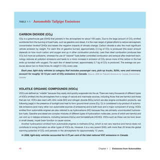 Chapter 1 | Emissions from Automobiles15
TABLE 1-1: Automobile Tailpipe Emissions
CARBON DIOXIDE (CO2)
CO2 is a greenhouse gas (GHG) that persists in the atmosphere for about 150 years. Due to the large amount of CO2 emitted
worldwide from the burning of fossil fuels, such as gasoline and diesel, it is the main target of global efforts to reduce atmospheric
concentration levelsof GHGs and lessen the negative impacts of climate change. Carbon dioxide is also the most significant
vehicle emission by weight. For each litre of gasoline burned, approximately 2.3 kg of CO2 is produced (the exact amount
depends on how much carbon and oxygen end up in other combustion products). Less than ideal combustion produces less
CO2 but more air pollutants, whereas the use of “cleaner” fuels better controlled combustion and exhaust after-treatment tech-
nology reduces air pollution emissions and leads to a minor increase in emission of CO2 (since more of the carbon in the fuel
ends up bonded with oxygen). For each litre of diesel burned, approximately 2.7 kg of CO2 is produced. The average car pro-
duces about two to three times its weight in CO2 every year.
Each year, light-duty vehicles (a category that includes passenger cars, pick-up trucks, SUVs, vans and minivans)
account for roughly 12-13 per cent of CO2 emissions in Canada. (Source: 2006 Air Pollutant Emissions for Canada, Environment
Canada)
VOLATILE ORGANIC COMPOUNDS (VOCs)
VOCs are defined as “volatile” because they easily and quickly evaporate into the air. There are many thousands of different types
of VOCs emitted into the atmosphere from a range of natural and manmade sources, including those that are harmful and those
that are not. VOCs also react with nitric oxide (NO) and nitrogen dioxide (NO2) (which are also engine combustion products, see
following page) in the presence of sunlight and heat to form ground-level ozone (O3). O3 is considered a by-product of automo-
bile emissions (and many other non-automobile sources of emissions) and is both toxic and a major component of smog. VOCs
emitted from automobile engines are also referred to as hydrocarbons (HC) because they are primarily uncombusted hydrocar-
bon fuels. Gasoline and diesel are complex mixtures of different types of hydrocarbon molecules, some of which are harmful and
can end up in tailpipe emissions, including benzene (H6C6) and formaldehyde (HCHO). VOCs such as these can be toxic (even
in small doses), impair brain function or cause cancer.
Another hydrocarbon emitted from automobile engines is methane (CH4), which is not very reactive and hence does not
contribute to smog formation as other types of VOCs do. However, it is a very potent GHG, with more than 20 times the global
warming potential of CO2 and persists in the atmosphere for approximately 12 years.
In 2006, light-duty vehicles accounted for 0.75 per cent of the total national VOC emissions in Canada.
 