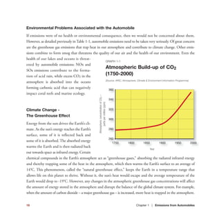 19
Environmental Problems Associated with the Automobile
If emissions were of no health or environmental consequence, then we would not be concerned about them.
However, as detailed previously in Table 1-1, automobile emissions need to be taken very seriously. Of great concern
are the greenhouse gas emissions that trap heat in our atmosphere and contribute to climate change. Other emis-
sions combine to form smog that threatens the quality of our air and the health of our environment. Even the
health of our lakes and oceans is threat-
ened by automobile emissions: NOx and
SOx emissions contribute to the forma-
tion of acid rain, while excess CO2 in the
atmosphere is absorbed into the oceans
forming carbonic acid that can negatively
impact coral reefs and marine ecology.
Climate Change -
The Greenhouse Effect
Energy from the sun drives the Earth’s cli-
mate. As the sun’s energy reaches the Earth’s
surface, some of it is reflected back and
some of it is absorbed. The absorbed energy
warms the Earth and is then radiated back
out towards space as infrared energy. Certain
chemical compounds in the Earth’s atmosphere act as “greenhouse gases,” absorbing the radiated infrared energy
and thereby trapping some of the heat in the atmosphere, which then warms the Earth’s surface to an average of
14°C. This phenomenon, called the “natural greenhouse effect,” keeps the Earth in a temperature range that
allows life on this planet to thrive. Without it, the sun’s heat would escape and the average temperature of the
Earth would drop to -19°C. However, any changes in the atmospheric greenhouse gas concentrations will affect
the amount of energy stored in the atmosphere and disrupt the balance of the global climate system. For example,
when the amount of carbon dioxide – a major greenhouse gas – is increased, more heat is trapped in the atmosphere.
360
340
320
300
280
260
18001750 1850 1900 20001950
GRAPH 1-1
Atmospheric Build-up of CO2
(1750-2000)
(Source: ARIC, Atmosphere, Climate & Environment Information Programme)
Chapter 1 | Emissions from Automobiles
Year
AtmosphericconcentrationofCO2–
partspermillion(ppm)
 