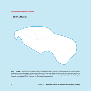 Five Automobile Subsystems, continued
4 BODY & FRAME
BODY & FRAME. Automobile bodies come in a variety of different shapes and styles. The shape of the body can significantly affect
its aerodynamic characteristics and, hence, its fuel consumption. A streamlined design will deliver better fuel consumption performance
than a vehicle of similar weight, frontal area and engine power that is not as streamlined (especially at highway speeds). The body and
frame also provide the structural support for the other automobile subsystems.
29 Chapter 2 | Automobile Energy Use, Efficiency and Emissions Explained
 