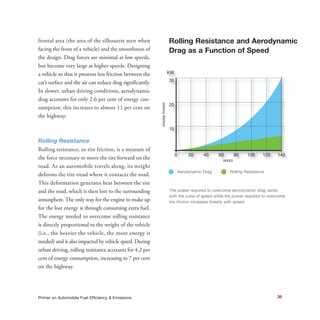 frontal area (the area of the silhouette seen when
facing the front of a vehicle) and the smoothness of
the design. Drag forces are minimal at low speeds,
but become very large at higher speeds. Designing
a vehicle so that it presents less friction between the
car’s surface and the air can reduce drag significantly.
In slower, urban driving conditions, aerodynamic
drag accounts for only 2.6 per cent of energy con-
sumption; this increases to almost 11 per cent on
the highway.
Rolling Resistance
Rolling resistance, or tire friction, is a measure of
the force necessary to move the tire forward on the
road. As an automobile travels along, its weight
deforms the tire tread where it contacts the road.
This deformation generates heat between the tire
and the road, which is then lost to the surrounding
atmosphere. The only way for the engine to make up
for the lost energy is through consuming extra fuel.
The energy needed to overcome rolling resistance
is directly proportional to the weight of the vehicle
(i.e., the heavier the vehicle, the more energy is
needed) and is also impacted by vehicle speed. During
urban driving, rolling resistance accounts for 4.2 per
cent of energy consumption, increasing to 7 per cent
on the highway.
38Primer on Automobile Fuel Efficiency & Emissions
140120100806040200
10
20
30
KW
Rolling Resistance and Aerodynamic
Drag as a Function of Speed
The power required to overcome aerodynamic drag varies
with the cube of speed while the power required to overcome
tire friction increases linearly with speed.
Aerodynamic Drag Rolling Resistance
ENGINEPOWER
SPEED
 