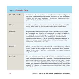 Table 4-4: Alternative Fuels
Ethanol Gasoline Blend Alcohol based fuels, such as ethanol, are primarily derived from fermented grains or
plant sugars and are therefore named biofuels. Since the 1970s, most vehicles sold
in Canada have been able to operate with a blend of up to 10 per cent ethanol in
gasoline (if in doubt, check the vehicle manual).
E85 fuel A number of vehicles currently available can run on ethanol-blended gasoline at 85
per cent ethanol and 15 per cent gasoline (as well as regular gasoline blends).
Biodiesel Biodiesel is a type of fuel having properties similar to diesel but derived from fats,
such as vegetable oil or animal fats. It can be blended with diesel in any proportion
from zero to 100 per cent with few engine modifications. Currently, 5 per cent
biodiesel (B5) is considered safe for most diesel engines. At low temperatures,
biodiesel crystallizes resulting in a gel-like consistency. Crystallization is avoided by
reducing the biodiesel content in the diesel blend in the winter. Biodiesel is also
biodegradable, non-toxic and sulphur free.
Propane Propane is the third most widely used fuel in North America after gasoline and diesel.
Propane is one of the by-products of natural gas and petroleum refining processes.
A gas at normal pressure, it liquefies when compressed, which helps to increase the
energy stored on-board.
Natural Gas Cars, vans, buses and small trucks generally use natural gas that has been compressed
(called compressed natural gas or CNG) and stored in high-pressure cylinders. Natural
gas is mostly composed of methane (CH4) and, when burned in an engine, it tends to
produce fewer toxic and smog-forming pollutants and usually less CO2 than regular
gasoline. Since methane is a powerful greenhouse gas, it is important that the combustion
process in the engine and the emission control system be optimized to keep methane
exhaust levels low.
73 Chapter 4 | What you can do to maximize your automobile’s fuel efficiency
 