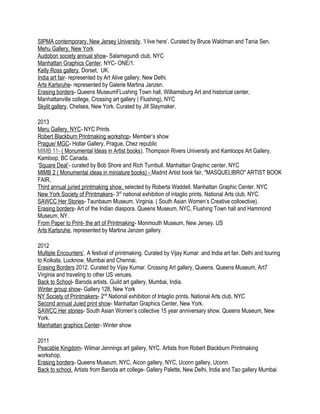 SIPMA contemporary, New Jersey University. ‘I live here’. Curated by Bruce Waldman and Tania Sen.
Mehu Gallery, New York
Audobon society annual show- Salamagundi club, NYC
Manhattan Graphics Center, NYC- ONE/1.
Kelly Ross gallery, Dorset, UK.
India art fair- represented by Art Alive gallery, New Delhi.
Arts Karlsruhe- represented by Galerie Martina Janzen.
Erasing borders- Queens MuseumFLushing Town hall, Williamsburg Art and historical center,
Manhattanville college, Crossing art gallery ( Flushing), NYC
Skylit gallery, Chelsea, New York. Curated by Jill Slaymaker.
2013
Meru Gallery, NYC- NYC Prints
Robert Blackburn Printmaking workshop- Member’s show
Prague/ MGC- Hollar Gallery, Prague, Chez republic
MIMB 11- ( Monumental Ideas in Artist books). Thompson Rivers University and Kamloops Art Gallery,
Kamloop, BC Canada.
‘Square Deal’- curated by Bob Shore and Rich Turnbull. Manhattan Graphic center. NYC
MIMB 2 ( Monumental ideas in miniature books) - Madrid Artist book fair, "MASQUELIBRO" ARTIST BOOK
FAIR,
Third annual juried printmaking show, selected by Roberta Waddell. Manhattan Graphic Center, NYC
New York Society of Printmakers- 3rd
national exhibition of intaglio prints. National Arts club, NYC.
SAWCC Her Stories- Taunbaum Museum, Virginia. ( South Asian Women’s Creative colloective).
Erasing borders- Art of the Indian diaspora. Queens Museum, NYC, Flushing Town hall and Hammond
Museum, NY.
From Paper to Print- the art of Printmaking- Monmouth Museum, New Jersey. US
Arts Karlsruhe, represented by Martina Janzen gallery.
2012
Multiple Encounters’. A festival of printmaking. Curated by Vijay Kumar and India art fair. Delhi and touring
to Kolkata, Lucknow, Mumbai and Chennai.
Erasing Borders 2012. Curated by Vijay Kumar. Crossing Art gallery, Queens. Queens Museum, Art7
Virginia and traveling to other US venues.
Back to School- Baroda artists. Guild art gallery, Mumbai, India.
Winter group show- Gallery 128, New York
NY Society of Printmakers- 2nd
National exhibition of Intaglio prints. National Arts club, NYC
Second annual Juied print show- Manhattan Graphics Center, New York.
SAWCC Her stories- South Asian Women’s collective 15 year anniversary show. Queens Museum, New
York.
Manhattan graphics Center- Winter show
2011
Peacable Kingdom- Wilmar Jennings art gallery, NYC. Artists from Robert Blackburn Printmaking
workshop.
Erasing borders- Queens Museum, NYC, Aicon gallery, NYC, Uconn gallery, Uconn.
Back to school. Artists from Baroda art college- Gallery Palette, New Delhi, India and Tao gallery Mumbai
 