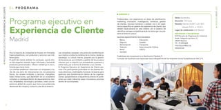 6 7
PROGRAMAEJECUTIVOENEXPERIENCIADECLIENTE
www.eoi.es
Hoy la mayoría de compañías se mueven en mercados
hipercompetitivos, con productos y servicios casi indi-
ferenciados.
El perfil del cliente también ha cambiado, siendo aho-
ra más exigente, estando mejor informado y buscando
productos personalizados. Ofrecer calidad ya no es su-
ficiente para tener éxito.
Los clientes establecen relaciones con empresas a tra-
vés de una serie de interacciones con los productos
físicos, los canales múltiples, y servicios intangibles.
Estas interacciones, que dependen de un ecosistema
complejo e interdependiente de departamentos inter-
nos, empleados, tecnología y procesos, crean una ex-
periencia global de usuario que marca sus posteriores
decisiones de compra y consumo y las de su entorno.
Las compañías necesitan una profunda transformación
que implica a todos los ámbitos de la misma; desde su
estrategia, su cultura interna, pasando por la gestión
de las personas, por el diseño y gestión de los procesos
internos, por su relación con proveedores y partners y,
sobre todo, por la forma de entender a sus clientes.
El Programa Ejecutivo en Experiencia de Cliente per-
mite a los participantes profundizar en las diversas téc-
nicas directivas y habilidades humanas necesarias para
gestionar esta transformación dentro de las organiza-
ciones, apoyándose en la experiencia directa de profe-
sores que están liderando estas innovadoras prácticas
dentro de sus empresas.
E L P R O G R A M A
Programa ejecutivo en
Experiencia de Cliente
Madrid
Posibilidad de incorporarlo a tu Retribución Flexible (*)
Consulta las bonificaciones especiales para trabajadores de las empresas socias fundadoras de DEC (**)
Inicio: Noviembre.
Duración: 150 horas
Horario: Viernes 16:00 h. a 21:30 h.
	 Sábado 9:00 h. a 14:30 h.
Lugar de celebración: EOI Madrid
Información e inscripciones:
EOI Escuela de Organización Industrial
Avda. Gregorio del Amo, 6
28040 Madrid
Tlf.- 913495600
informacion@eoi.es
www.eoi.es
DIRIGIDO A
Profesionales, con experiencia en áreas de planificación,
marketing, innovación, investigación, comercial, gestión
de clientes, recursos humanos o calidad, con o sin expe-
riencia específica en gestión de experiencia de cliente, que
deseen especializarse en esta materia con el objetivo de
identificar ventajas competitivas ante los retos que nos pre-
senta el entorno actual.
Sectores especialmente recomendados:
-- Banca		 - Educación	
-- Seguros		 - Hoteles
-- Alimentación	 - Transporte
-- Telecom		 - Administración Pública
-- Retail		 - ONG´s
-- Sanidad		
 