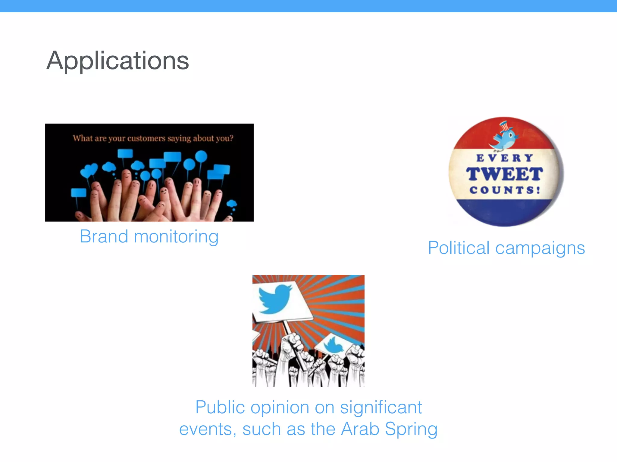Brand monitoring
Political campaigns
Public opinion on signiﬁcant
events, such as the Arab Spring
Applications
 