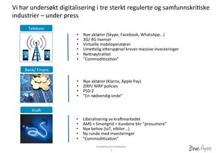 Proprietary	
 and	
 ConﬁdenDal	
 	
 
Vi	
 har	
 undersøkt	
 digitalisering	
 i	
 tre	
 sterkt	
 regulerte	
 og	
 samfunnskriDske	
 
industrier	
 –	
 under	
 press	
 	
 
3	
 
•  Nye	
 aktører	
 (Skype,	
 Facebook,	
 WhatsApp...)	
 
•  3G/	
 4G	
 lisenser	
 
•  Virtuelle	
 mobiloperatører	
 
•  Ume_elig	
 e_erspørsel	
 krever	
 massive	
 investeringer	
 
•  Ne_nøytralitet	
 
•  ”CommodiDzaDon”	
 
Telekom	
 
Bank/	
 Finans	
 
Krab	
 
•  Nye	
 aktører	
 (Klarna,	
 Apple	
 Pay)	
 
•  ZIRP/	
 NIRP	
 policies	
 
•  PSD	
 2	
 
•  ”En	
 nødvendig	
 onde”	
 
•  Liberalisering	
 av	
 krabmarkedet	
 
•  AMS	
 +	
 Smartgrid	
 =	
 kundene	
 blir	
 ”prosumere”	
 
•  Nye	
 behov	
 (IoT,	
 elbiler...)	
 
•  Ny	
 runde	
 med	
 investeringer	
 
•  ”CommodiDzaDon”	
 
 
