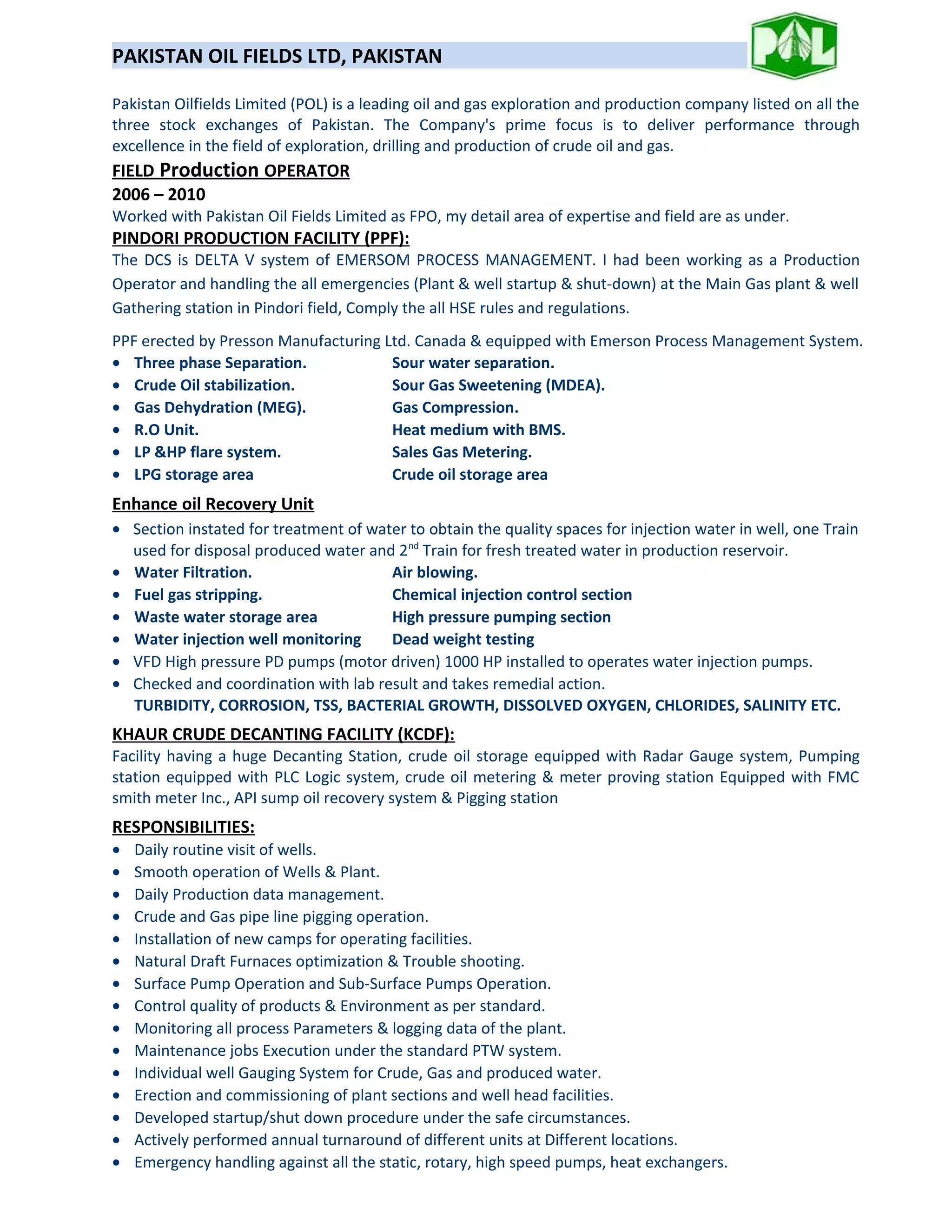 Field Production Operator CV | DOC