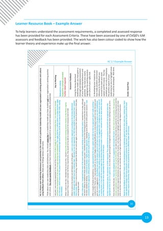 13
Learner Resource Book – Example Answer
To help learners understand the assessment requirements, a completed and assessed response
has been provided for each Assessment Criteria. These have been assessed by one of CVQO’s ILM
assessors and feedback has been provided. The work has also been colour coded to show how the
learner theory and experience make up the final answer.
33
AC 2.1 Example Answer
AC2.1Assessownleadershipbehavioursandpotentialinthecontextofaparticularleadershipmodelandownorganisation’sworkingpracticeandculture
usingfeedbackfromothers.(Stateyourfindingsbelow.)(28marks)
Thinkaboutyourownleadershipstyleandbehaviour.Youshouldrelatethistoaleadershipmodelyouhavestudiedandyourorganisation’sworkingpractice
andculture.Youmustquotefeedbackyouhavereceivedtomakeajudgementonyourcurrentleadershipabilityandpotential.
Lastyear,IwasrecentlyappointedtotheroleoftheDirectorofMen’sRugbyformylocalcommunityteam.Iamexpectedtomanage
andleadthedevelopmentoftheteamthroughtrainingandcompetition.Therugbyclubhasaculturewhichistoplayprecisionrugby
atafastpace,whichmeansthattheplayersshouldhaveanextremelyhighleveloffitnessandbeabletoexecutetheirskills,making
fewmistakes.
WhenItookontherole,Idecidedthattoensurethis,Iwouldfocustheearlyseasontrainingsessionsheavilyonthefitnessregime
becauseiftheycouldn’tmaintainthefitnessrequirements,theywouldnotbeabletocompeteatthenecessarylevelofskill.
Whenitcametothetacticalandskillbasedsideofthegame,IusedaverydirectiveapproachaccordingtotheHershey-Blanchard
model.Althoughtheirskilllevelwasrelativelyhigh,IdecidedtousethisapproachasIfelttheyneededtounderstandhowIwanted
themtoplay.Whenitcametotraining,Iwouldrepeatthedrillsoverandoveragain,soastoensurethecultureofprecisionintheirplay
wasbeingexecuted.
Afterafewgames,IrecognisedthatmostoftheteammemberswerestartingtounderstandthetacticsIwantedthemtoplay,although
theteam’sabilitytoimplementthesewithprecisionwaspoor.Ithereforereturnedtothetraininggroundtopractisetheareaswhich
theteamneededtodevelop.Icontinuedtodisplayahighlydirectiveapproach,repeatingsomedrillsforentirepracticesessions.Iwas
convincedthatthisapproach,whilstpainfullyslow,wouldyieldresultsinthelongterm.
Afteracoupleofweeksofpersistence,Iwasapproachedbytheteamcaptainwhotoldmethatmyapproachwasn’treallyworking.I
invitedanRFUTrainerwhoIhadworkedwithonmyLevel3RugbyCoachingQualificationtocomealongtowatchmetraintheteamand
givemesomesuggestions.Hisfeedbackwasthattheplayers’generalskilllevelandunderstandingofthegamewaswellestablished,
butthatIneededtofeelconfidentintheirabilitytoimplementtheinstructions.HesuggestedthatIchangedmyapproachtomoreof
acoachinglevel,inlinewiththesecondstageoftheHersheyBlanchardmodel.Indoingthis,Istartedtolookforideaswithintheteam
andtheystartedtofeelmoreresponsibleforthedirectionoftheteam.
Astheirinvolvementgrew,theexecutionofdrillsimproved.Theyunderstoodthepurposeofeachdrillandrecognisedwhenthe
appropriatetimetouseitinagamewas.Asaresult,theirgeneralgamemanagementimprovedandtheteamstartingtopickupwins.
Ninemonthsintothejob,Ihavenowadoptedmoreofasupportiveroletowardstheteam.Atthestartofeverypractice,thesquadhas
alreadycompletedawarmupbythetimeIsetupthefirstdrill.Iamabletodiscussthemainfocuspointsforthetrainingsessionandthe
teamareabletoorganisethemselvesintorunningtheactivity.Atpoints,Iwillstopthemtohighlightspecifictechnicalissueswiththeir
drillstoaidtheirteamdevelopment.Wearenowabletoreachahighlevelofperformanceexecutedtoahighdegreeofprecision.
BasedonthefeedbackoftheRFUTrainerandthedevelopmentinmyleadershipapproachfromthenuntilnow,IbelievethatIhave
madesignificantchangesthathaveproducedasuccessfuloutcomefortheteam.IfIamabletorecognisethepointatwhichteam
membersrequirelessdirective,thenIbelievemypotentialtobeaneffectiveleaderwillincrease.
KeytoMarking
Relevanttocriteria
Supportiveexampleprovided
Furtherdetailrequired
AssessorsFeedback
UsingtheHersey-Blanchard
leadershipmodel,youhavegivena
thoroughanddetailedassessment
ofyourleadershipbehavioursand
potential.Youhavealsoclearly
highlightedtheworkingpractices
andcultureofyourrugbyclub.
Indevelopingyourresponseyou
havemadeexcellentandhonest
referencetothefeedbackyou
receivedfrombothyourteam
captainandRFUtrainer.Thishas
enabledyounotonlytoemphasise
thepositiveaspectsofyour
leadershipbutalsotohighlightareas
thatcouldbedeveloped.Welldone.
Grade:GoodPass
 
