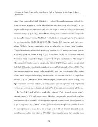 Chapter 5: Hard Superconducting Gap in Hybrid Epitaxial Semi-Super InAs-Al
Nanowires
state of an epitaxial full-shell QD device, Coulomb diamond resonances and well de-
ﬁned even-odd structures can be identiﬁed (see supplementary information). In the
superconducting state, symmetric SGRs in the shape of inverted bells occupy the odd
diamond valleys [Fig. 5.3(b)]. These SGRs, arising from Andreev bound states (ABS)
or Yu-Shiba-Rusinov states (YSR) [69–71,75,76], have been extensively investigated
in previous studies [36, 59, 64, 66, 93–95, 97]. Similar QD structure and their asso-
ciated SGRs in the superconducting state are also observed in our control devices.
Vertical cuts at the particle-hole symmetry point of an odd (orange) and even (green)
Coulomb valley are shown in Fig. 5.3(c). Away from the SGRs, both even and odd
Coulomb valley traces show highly suppressed sub-gap conductances. We compare
the normalized conductance of an epitaxial full-shell QPC device against an epitaxial
full-shell QD device tuned to the middle of an even Coulomb valley [Fig. 5.3(d)]. The
two measurements are almost indistinguishable, and this experimental observation
allows us to compare induced gap measurements between various devices, regardless
of their QPC or QD nature. Since fabricated QPC devices are of a rarer variety than
QD devices in nanowire systems, all comparisons between epitaxial and evaporated
devices are between the epitaxial full-shell QPC device and an evaporated QD device.
In Figs. 5.4(a) and 5.4(b) we study the evolution of the induced gap as a func-
tion of magnetic ﬁeld and temperature. We then compare the normalized zero-bias
conductance of an epitaxial full-shell device against an evaporated control device in
Figs. 5.4(c) and 5.4(d). Since the sub-gap conductance in epitaxial devices is close
to our experimental noise-ﬂoor, we average over a 40 µV window centered about
zero-bias and deﬁne this value as G
(0)
S /G
(0)
N . Experimental error bars smaller than
91
 