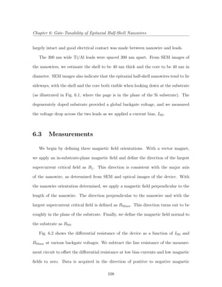 Chapter 6: Gate-Tunability of Epitaxial Half-Shell Nanowires
largely intact and good electrical contact was made between nanowire and leads.
The 300 nm wide Ti/Al leads were spaced 300 nm apart. From SEM images of
the nanowires, we estimate the shell to be 40 nm thick and the core to be 40 nm in
diameter. SEM images also indicate that the epitaxial half-shell nanowires tend to lie
sideways, with the shell and the core both visible when looking down at the substrate
(as illustrated in Fig. 6.1, where the page is in the plane of the Si substrate). The
degenerately doped substrate provided a global backgate voltage, and we measured
the voltage drop across the two leads as we applied a current bias, ISD.
6.3 Measurements
We begin by deﬁning three magnetic ﬁeld orientations. With a vector magnet,
we apply an in-substrate-plane magnetic ﬁeld and deﬁne the direction of the largest
supercurrent critical ﬁeld as B||. This direction is consistent with the major axis
of the nanowire, as determined from SEM and optical images of the device. With
the nanowire orientation determined, we apply a magnetic ﬁeld perpendicular to the
length of the nanowire. The direction perpendicular to the nanowire and with the
largest supercurrent critical ﬁeld is deﬁned as BMinor. This direction turns out to be
roughly in the plane of the substrate. Finally, we deﬁne the magnetic ﬁeld normal to
the substrate as BNS.
Fig. 6.2 shows the diﬀerential resistance of the device as a function of ISD and
BMinor at various backgate voltages. We subtract the line resistance of the measure-
ment circuit to oﬀset the diﬀerential resistance at low bias currents and low magnetic
ﬁelds to zero. Data is acquired in the direction of positive to negative magnetic
108
 