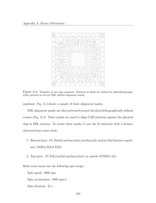 Appendix A: Device Fabrication
Figure A.3: Template of one chip quadrant. Patterns in black are deﬁned by photolithography,
while patterns in red are EBL deﬁned alignment marks.
quadrant. Fig. A.4 shows a sample of these alignment marks.
EBL alignment marks are also patterned around the photolithographically deﬁned
crosses (Fig. A.3). These marks are used to align CAD patterns against the physical
chip in EBL systems. To create these marks, I coat the Si substrate with a bi-layer
electron-beam resist stack:
1. Bottom layer: 6% Methyl methacrylate/methacrylic acid in ethyl lactate copoly-
mer (MMA/MAA EL6)
2. Top layer: 4% Poly(methyl methacrylate) in anisole (PMMA A4)
Both resist layers use the following spin recipe:
Spin speed: 4000 rpm
Spin acceleration: 1000 rpm/s
Spin duration: 45 s
133
 