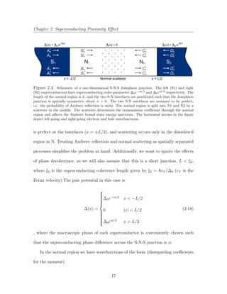 Chapter 2: Superconducting Proximity Eﬀect
S1 N1 N2 S2
e
+
B
h
-
B
e
+
A
h
-
A
e
+
C
h
-
C
e
-
B
h
+
B
e
-
A
h
+
A
e
-
C
h
+
C
e
+
D
h
-
D
e
-
D
h
+
D
Normal scattererx = -L/2 x = L/2
(x) = 0Δ(x) = e0Δ Δ
φi /2-
(x) = e0Δ Δ
φi /2
Figure 2.4: Schematic of a one-dimensional S-N-S Josephson junction. The left (S1) and right
(S2) superconductors have superconducting order parameter ∆0e−iφ/2
and ∆0eiφ/2
respectively. The
length of the normal region is L, and the two S-N interfaces are positioned such that the Josephson
junction is spatially symmetric about x = 0. The two S-N interfaces are assumed to be perfect,
i.e. the probability of Andreev reﬂection is unity. The normal region is split into N1 and N2 by a
scatterer in the middle. The scatterer determines the transmission coeﬃcient through the normal
region and aﬀects the Andreev bound state energy spectrum. The horizontal arrows in the ﬁgure
depict left-going and right-going electron and hole wavefunctions.
is perfect at the interfaces (x = ±L/2), and scattering occurs only in the disordered
region in N. Treating Andreev reﬂection and normal scattering as spatially separated
processes simpliﬁes the problem at hand. Additionally, we want to ignore the eﬀects
of phase decoherence, so we will also assume that this is a short junction, L < ξ0,
where ξ0 is the superconducting coherence length given by ξ0 = vF /∆0 (vF is the
Fermi velocity).The pair potential in this case is
∆(x) =



∆0e−iφ/2
x < −L/2
0 |x| < L/2
∆0eiφ/2
x > L/2
(2.18)
, where the macroscopic phase of each superconductor is conveniently chosen such
that the superconducting phase diﬀerence across the S-N-S junction is φ.
In the normal region we have wavefunctions of the form (disregarding coeﬃcients
for the moment)
17
 