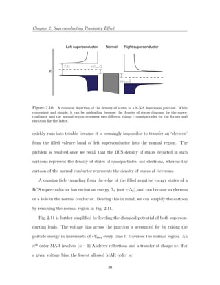 Chapter 2: Superconducting Proximity Eﬀect
E
Left superconductor Normal Right superconductor
eVbias /2
eVbias /2
2 0Δ
Figure 2.10: A common depiction of the density of states in a S-N-S Josephson junction. While
convenient and simple, it can be misleading because the density of states diagram for the super-
conductor and the normal region represent two diﬀerent things – quasiparticles for the former and
electrons for the latter.
quickly runs into trouble because it is seemingly impossible to transfer an ‘electron’
from the ﬁlled valence band of left superconductor into the normal region. The
problem is resolved once we recall that the BCS density of states depicted in such
cartoons represent the density of states of quasiparticles, not electrons, whereas the
cartoon of the normal conductor represents the density of states of electrons.
A quasiparticle tunneling from the edge of the ﬁlled negative energy states of a
BCS superconductor has excitation energy ∆0 (not −∆0), and can become an electron
or a hole in the normal conductor. Bearing this in mind, we can simplify the cartoon
by removing the normal region in Fig. 2.11.
Fig. 2.11 is further simpliﬁed by leveling the chemical potential of both supercon-
ducting leads. The voltage bias across the junction is accounted for by raising the
particle energy in increments of eVbias every time it traverses the normal region. An
nth
order MAR involves (n − 1) Andreev reﬂections and a transfer of charge ne. For
a given voltage bias, the lowest allowed MAR order is:
30
 