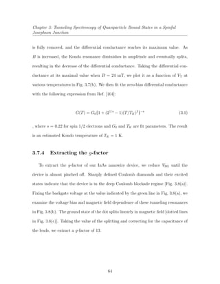 Chapter 3: Tunneling Spectroscopy of Quasiparticle Bound States in a Spinful
Josephson Junction
is fully removed, and the diﬀerential conductance reaches its maximum value. As
B is increased, the Kondo resonance diminishes in amplitude and eventually splits,
resulting in the decrease of the diﬀerential conductance. Taking the diﬀerential con-
ductance at its maximal value when B = 24 mT, we plot it as a function of VT at
various temperatures in Fig. 3.7(b). We then ﬁt the zero-bias diﬀerential conductance
with the following expression from Ref. [104]:
G(T) = G0{1 + (21/s
− 1)(T/TK)2
}−s
(3.1)
, where s = 0.22 for spin 1/2 electrons and G0 and TK are ﬁt parameters. The result
is an estimated Kondo temperature of TK = 1 K.
3.7.4 Extracting the g-factor
To extract the g-factor of our InAs nanowire device, we reduce VBG until the
device is almost pinched oﬀ. Sharply deﬁned Coulomb diamonds and their excited
states indicate that the device is in the deep Coulomb blockade regime [Fig. 3.8(a)].
Fixing the backgate voltage at the value indicated by the green line in Fig. 3.8(a), we
examine the voltage bias and magnetic ﬁeld dependence of these tunneling resonances
in Fig. 3.8(b). The ground state of the dot splits linearly in magnetic ﬁeld [dotted lines
in Fig. 3.8(c)]. Taking the value of the splitting and correcting for the capacitance of
the leads, we extract a g-factor of 13.
64
 