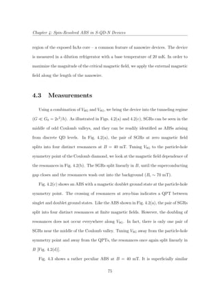 Chapter 4: Spin-Resolved ABS in S-QD-N Devices
region of the exposed InAs core – a common feature of nanowire devices. The device
is measured in a dilution refrigerator with a base temperature of 20 mK. In order to
maximize the magnitude of the critical magnetic ﬁeld, we apply the external magnetic
ﬁeld along the length of the nanowire.
4.3 Measurements
Using a combination of VBG and VSG, we bring the device into the tunneling regime
(G G0 = 2e2
/h). As illustrated in Figs. 4.2(a) and 4.2(c), SGRs can be seen in the
middle of odd Coulomb valleys, and they can be readily identiﬁed as ABSs arising
from discrete QD levels. In Fig. 4.2(a), the pair of SGRs at zero magnetic ﬁeld
splits into four distinct resonances at B = 40 mT. Tuning VSG to the particle-hole
symmetry point of the Coulomb diamond, we look at the magnetic ﬁeld dependence of
the resonances in Fig. 4.2(b). The SGRs split linearly in B, until the superconducting
gap closes and the resonances wash out into the background (Bc ∼ 70 mT).
Fig. 4.2(c) shows an ABS with a magnetic doublet ground state at the particle-hole
symmetry point. The crossing of resonances at zero-bias indicates a QPT between
singlet and doublet ground states. Like the ABS shown in Fig. 4.2(a), the pair of SGRs
split into four distinct resonances at ﬁnite magnetic ﬁelds. However, the doubling of
resonances does not occur everywhere along VSG. In fact, there is only one pair of
SGRs near the middle of the Coulomb valley. Tuning VSG away from the particle-hole
symmetry point and away from the QPTs, the resonances once again split linearly in
B [Fig. 4.2(d)].
Fig. 4.3 shows a rather peculiar ABS at B = 40 mT. It is superﬁcially similar
75
 